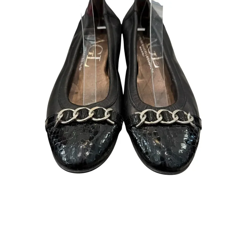AGL Black Leather Croc Cap Toe Chain Ballet Flats EU 39 US 9